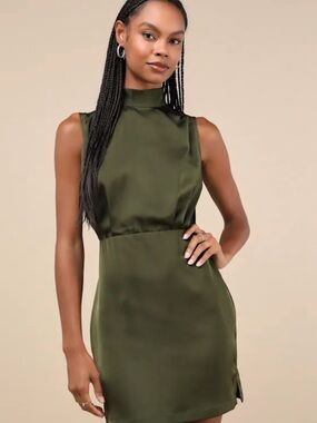 Lulu's Olive Green Satin High-Neck Mini Dress